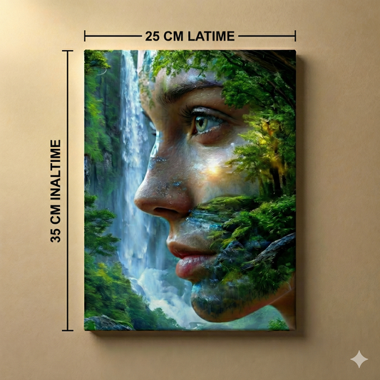 Tablou Canvas „Spiritul Pădurii” – Portret Suprarealist cu Cascadă,