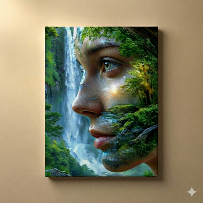 Tablou Canvas „Spiritul Pădurii” – Portret Suprarealist cu Cascadă,