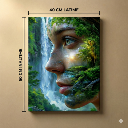 Tablou Canvas „Spiritul Pădurii” – Portret Suprarealist cu Cascadă,