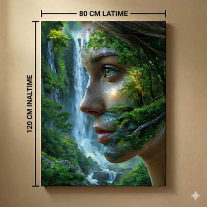 Tablou Canvas „Spiritul Pădurii” – Portret Suprarealist cu Cascadă,