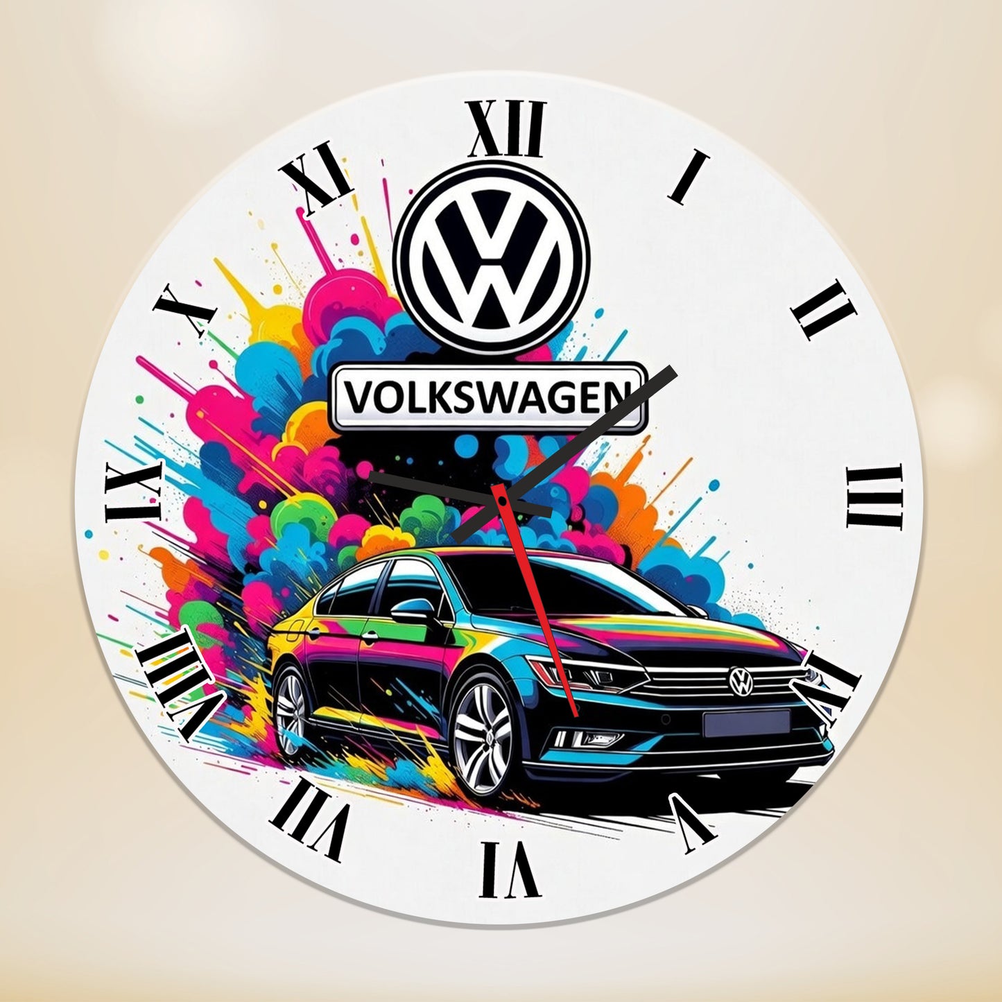 Ceas de Perete Decorativ Volkswagen, Design Modern Pop Art Multicolor, Cifre Romane, Diametru 35 cm, Ideal pentru Pasionați Auto și Garaj