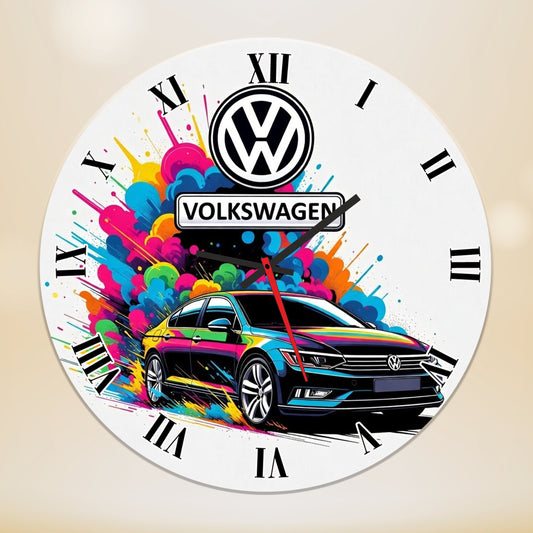 Ceas de Perete Decorativ Volkswagen, Design Modern Pop Art Multicolor, Cifre Romane, Diametru 35 cm, Ideal pentru Pasionați Auto și Garaj