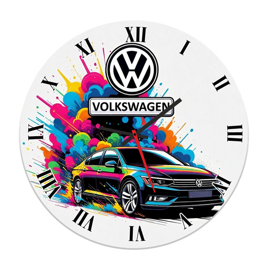 Ceas de Perete Decorativ Volkswagen, Design Modern Pop Art Multicolor, Cifre Romane, Diametru 35 cm, Ideal pentru Pasionați Auto și Garaj