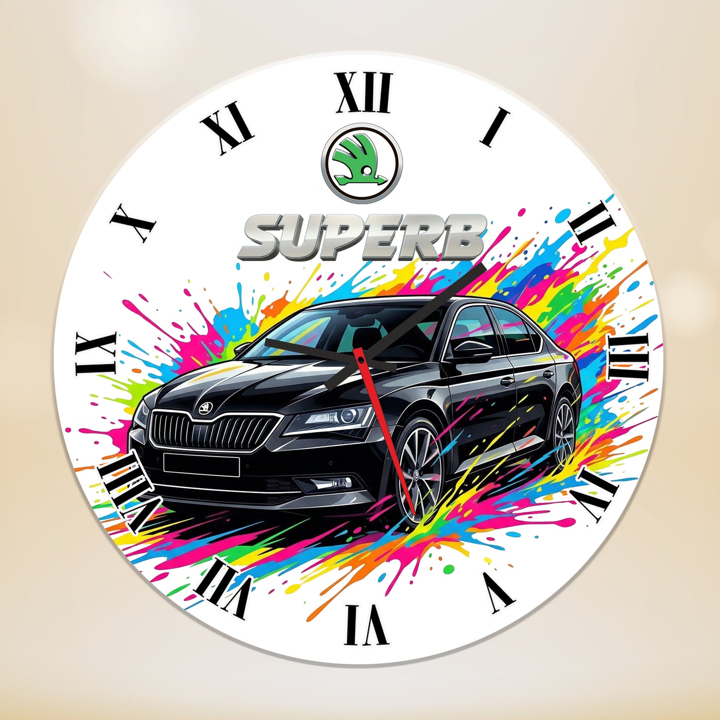 Ceas de Perete Premium Skoda Superb, Design Modern Splash Art, Diametru 35 cm, Material MDF