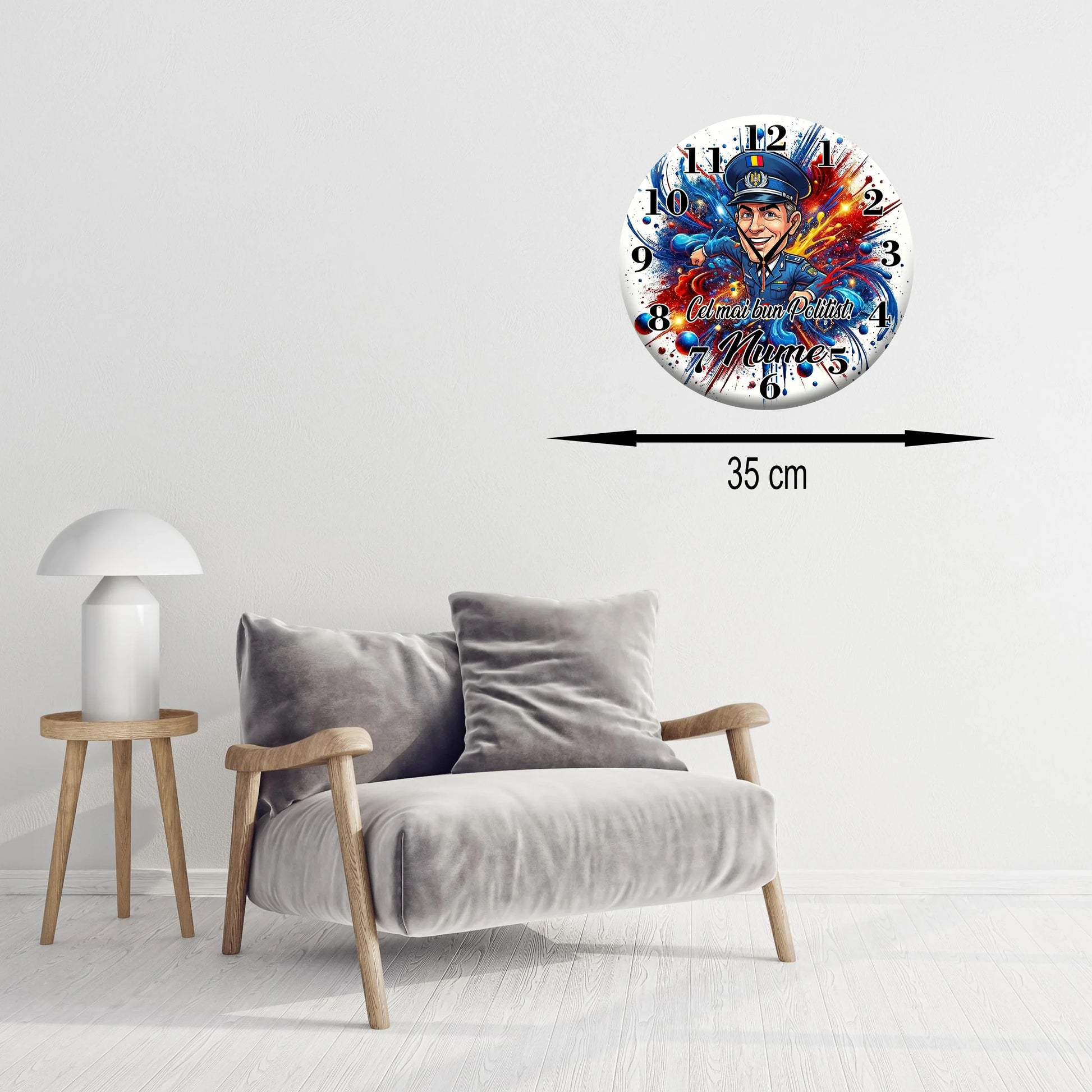 Ceas de Perete Personalizat Polițist - Cadou Unic "Cel mai bun Polițist!" cu Nume - Tete Print