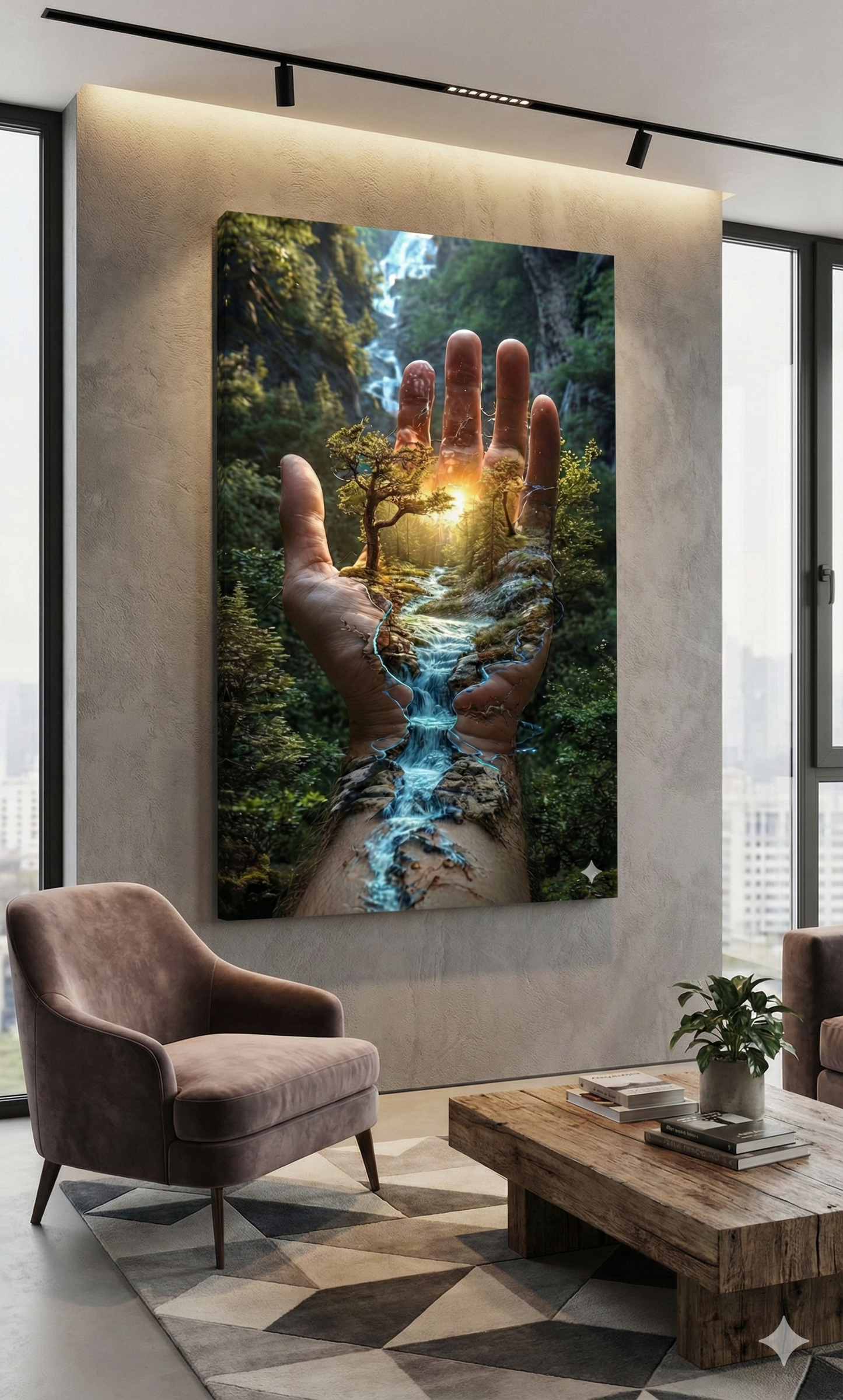 Tablou Canvas Suprarealist "Mâna Naturii" – Peisaj Magic cu Pădure și Cascadă în Palmă