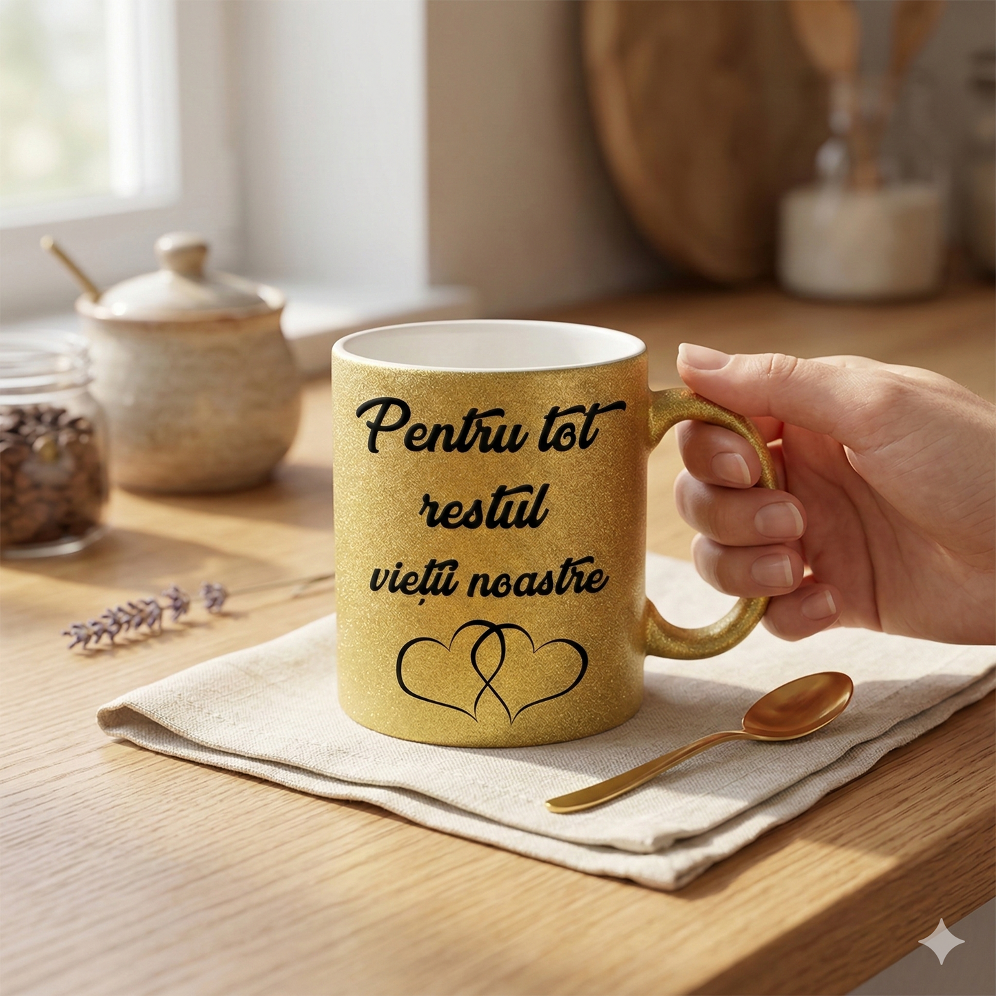 Set 2 Căni pentru Cuplu cu Sclipici (Glitter), Mesaj Romantic „Hai să bem cafeaua împreună / Pentru tot restul vieții noastre”, Mov și Auriu