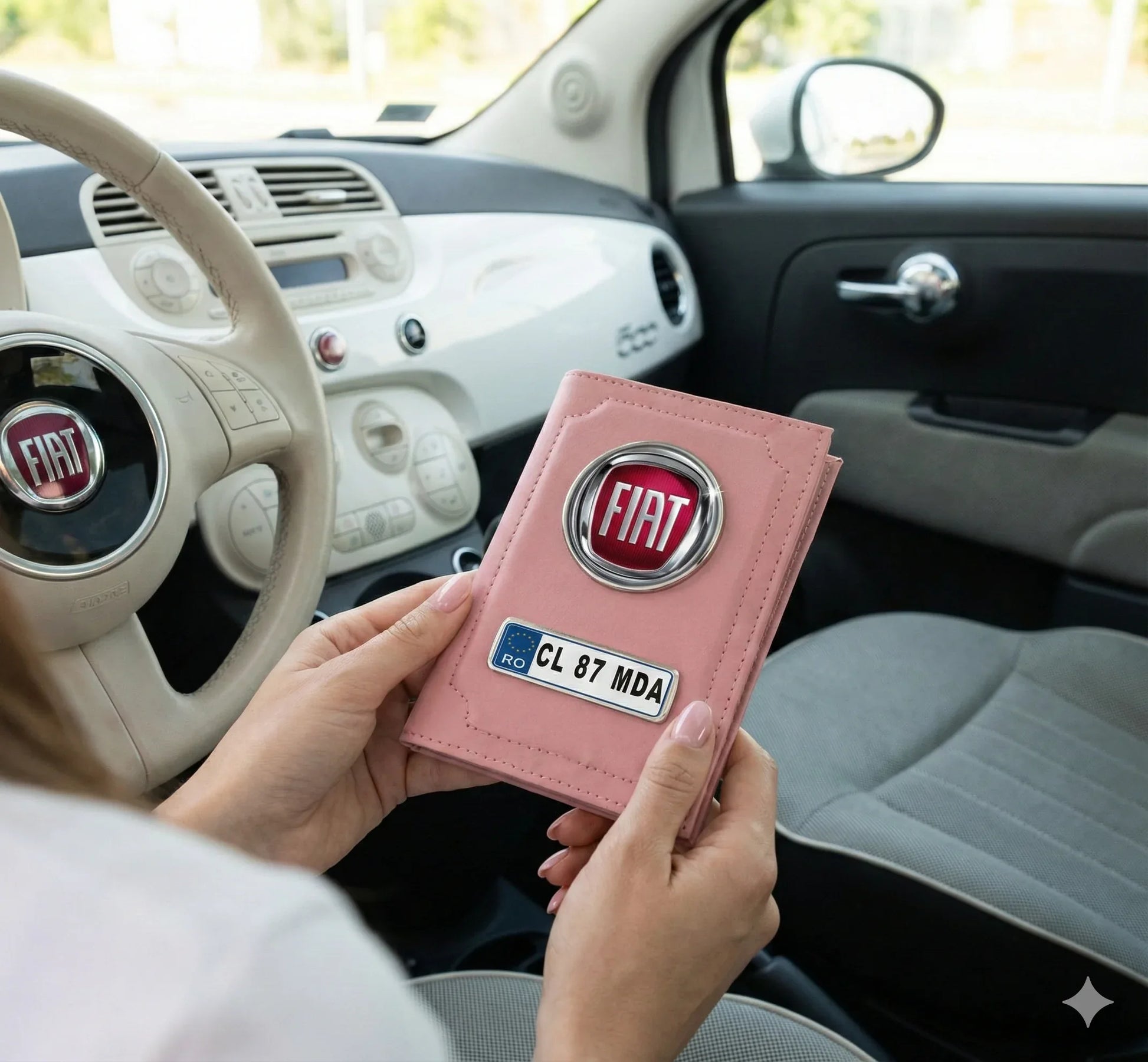 Portofel Documente Auto Personalizat, Roz, Emblemă Fiat și Număr de Înmatriculare - Tete Print