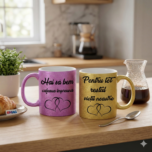 Set 2 Căni pentru Cuplu cu Sclipici (Glitter), Mesaj Romantic „Hai să bem cafeaua împreună / Pentru tot restul vieții noastre”, Mov și Auriu