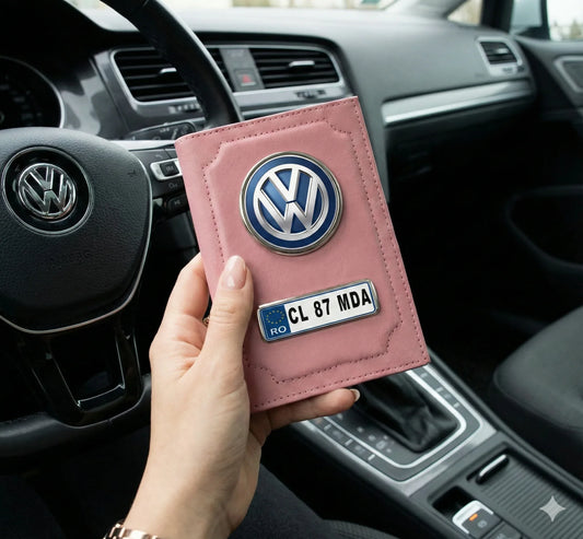 Portofel Documente Auto Personalizat Volkswagen – Roz , Emblemă 3D și Număr de Înmatriculare - Tete Print