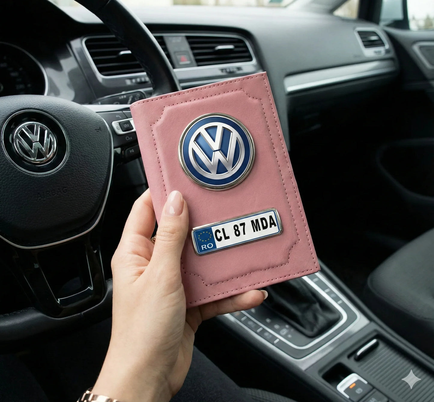 Portofel Documente Auto Personalizat Volkswagen – Roz , Emblemă 3D și Număr de Înmatriculare - Tete Print