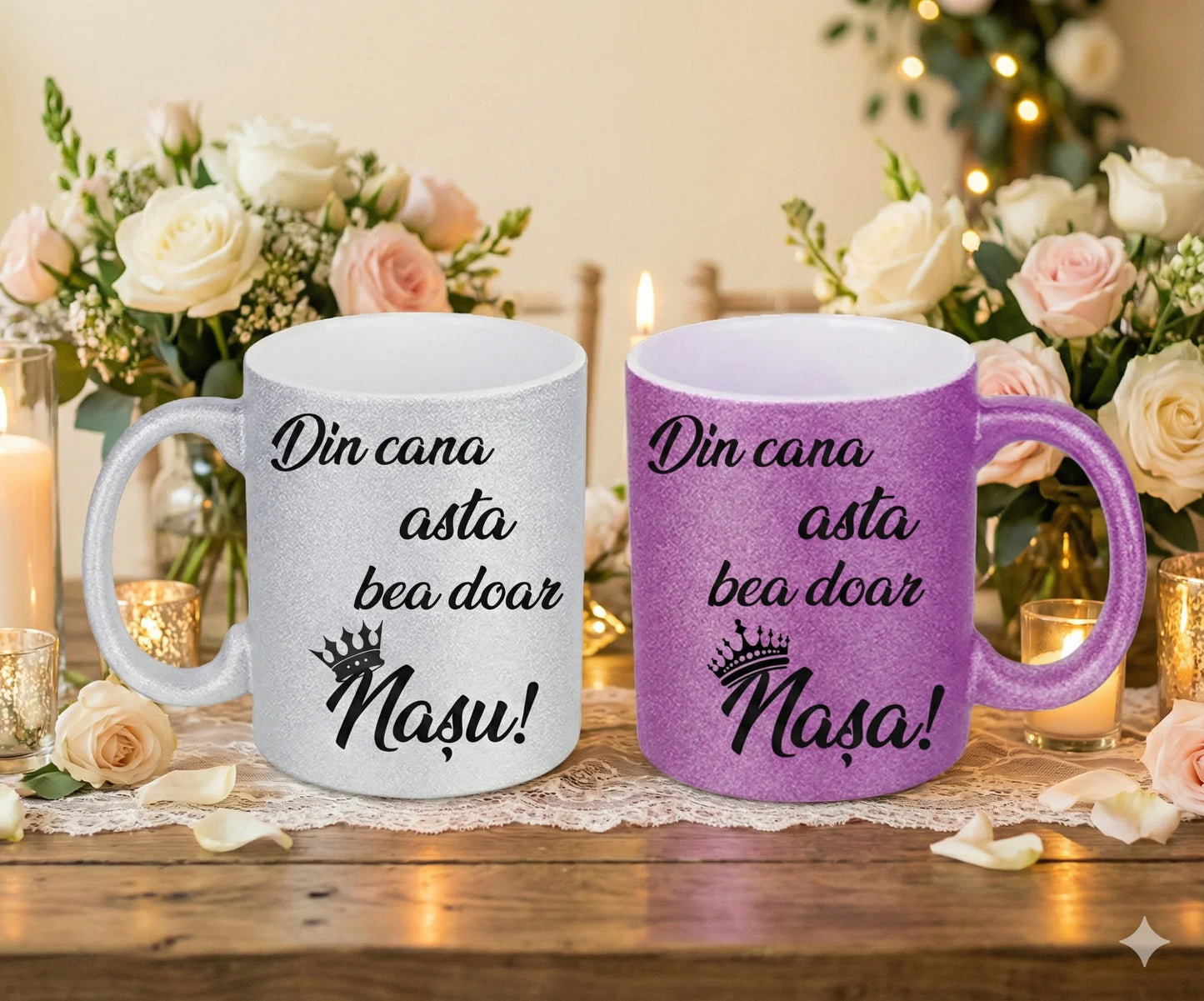 Set 2 Căni Personalizate pentru Nași – Model Glitter „Din cana asta bea doar...” - Tete Print