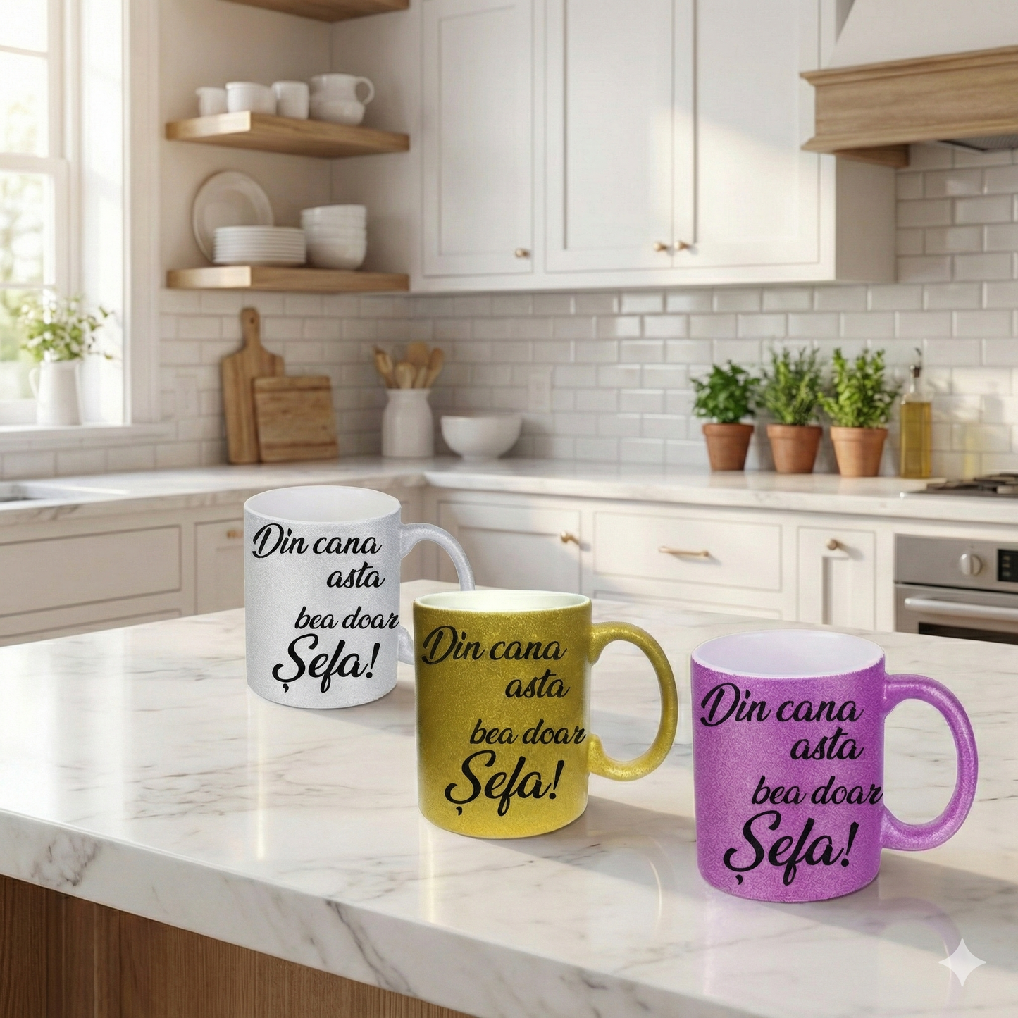 Cană cu Sclipici Mov "Din cana asta bea doar Șefa!" – Disponibilă în 3 Culori (Auriu, Argintiu, Mov)