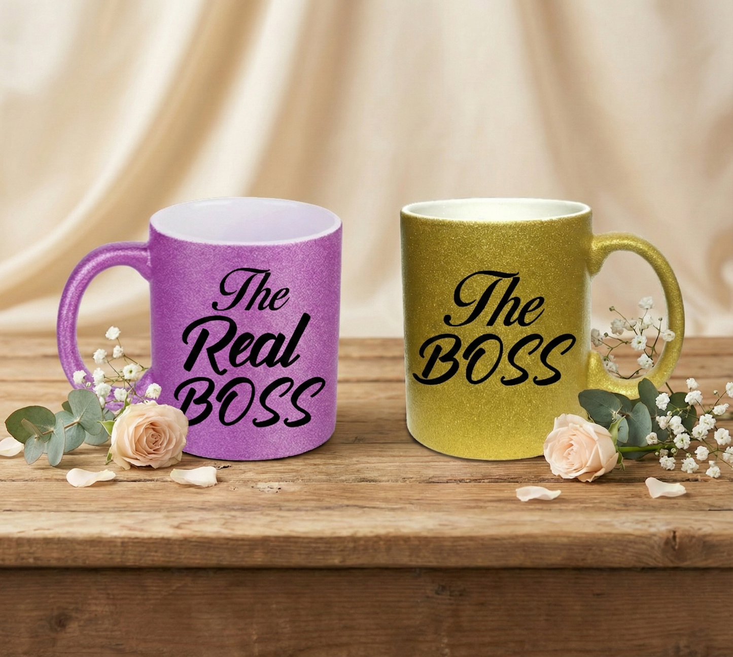 Set 2 Căni The Real Boss & The Boss - Sclipici Mov și Auriu