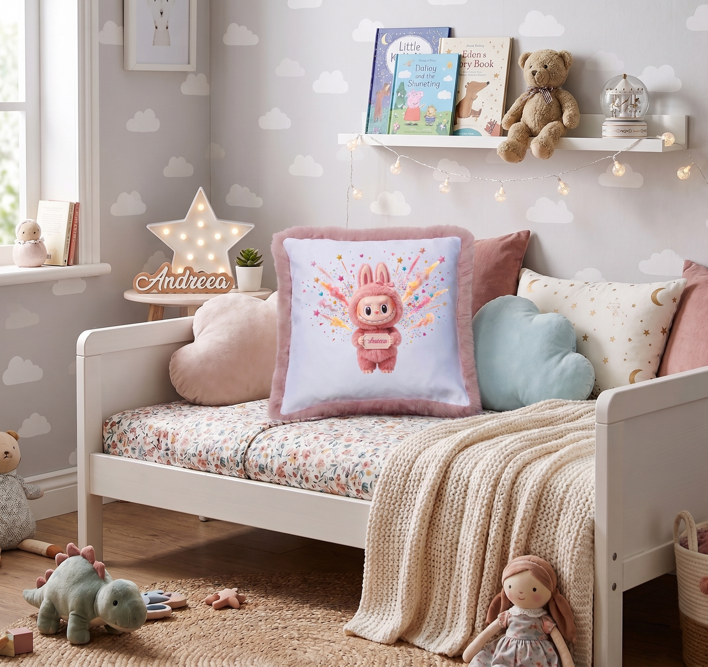 Pernă  Personalizată , Model la bubu Roz cu Blăniță Pufoasă, Imprimeu Premium, Multicolor, 40x40 cm