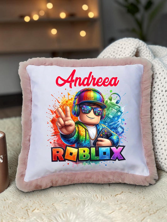 Pernă Decorativă Personalizată Roblox cu Puf Roz, Personalizabilă cu Nume, Multicolor, 40x40 cm