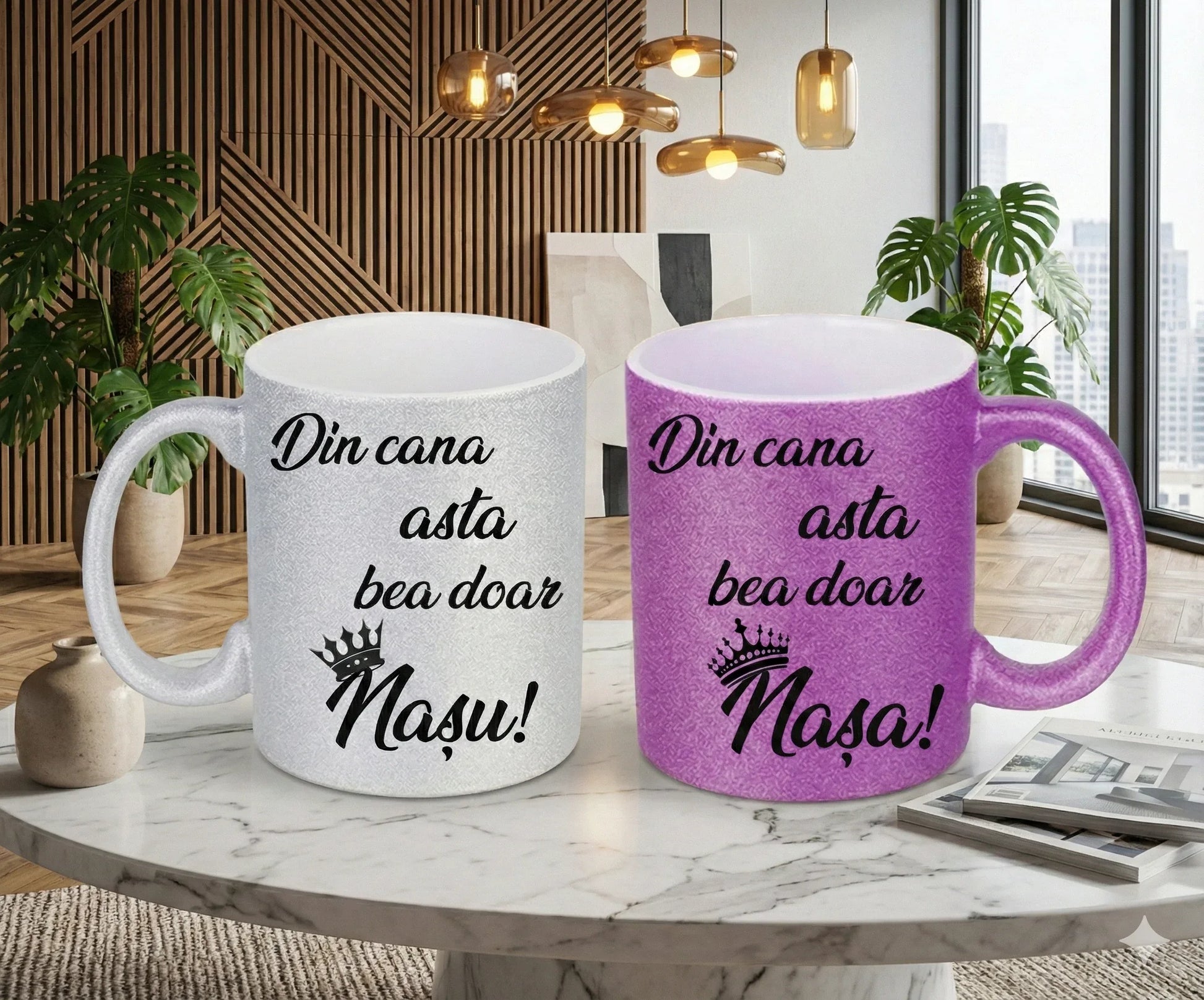 Set 2 Căni Personalizate pentru Nași – Model Glitter „Din cana asta bea doar...” - Tete Print