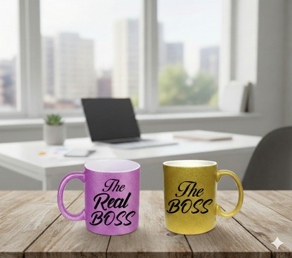 Set 2 Căni The Real Boss & The Boss - Sclipici Mov și Auriu