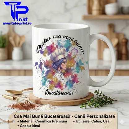 Cana Personalizata "Pentru cea mai buna Bucatareasa", Ceramica Alba, Design Colorful Splash