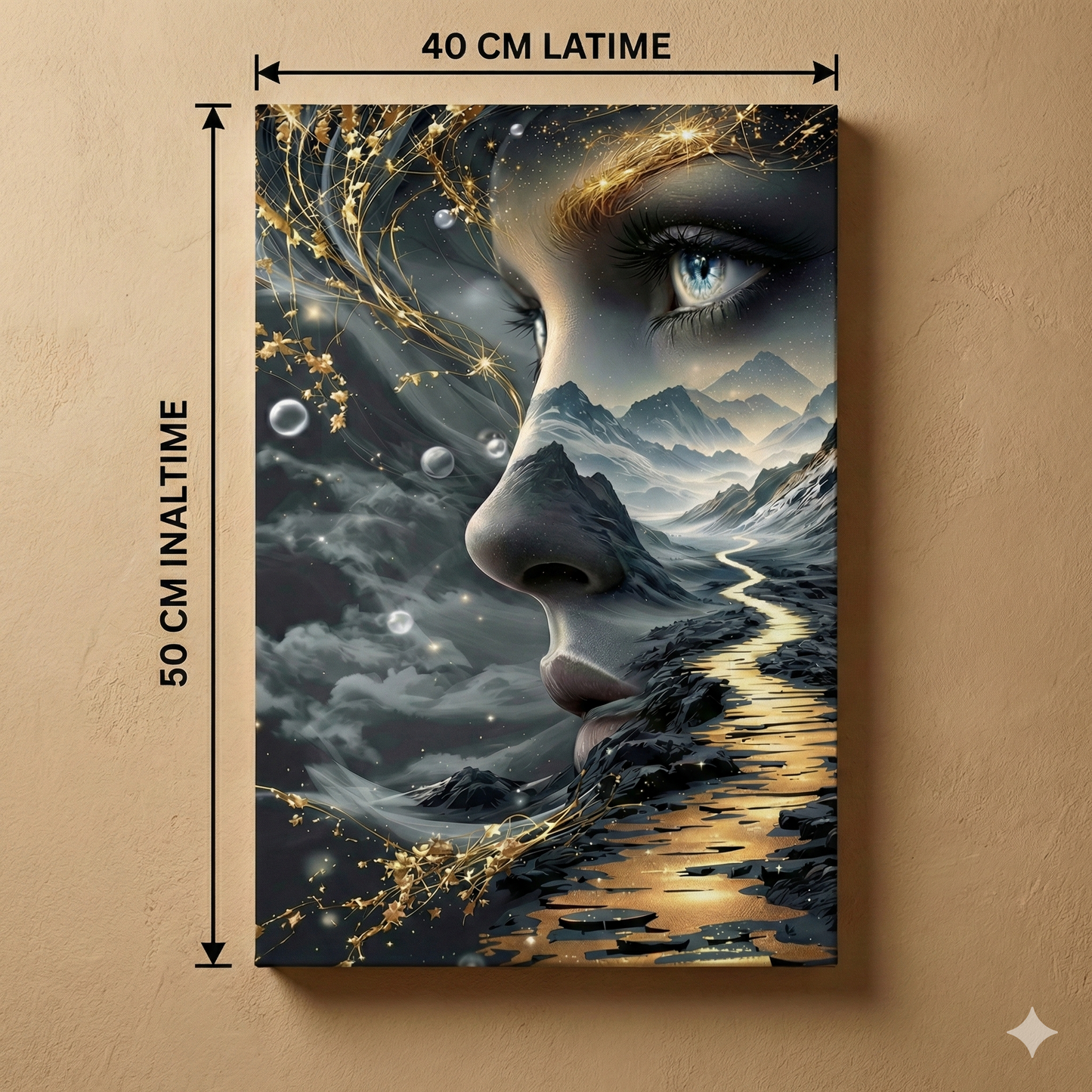 Tablou Canvas Portret Feminin Abstract, Peisaj Montan și Cale Aurie