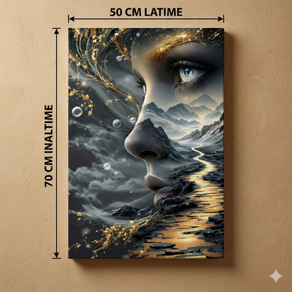 Tablou Canvas Portret Feminin Abstract, Peisaj Montan și Cale Aurie