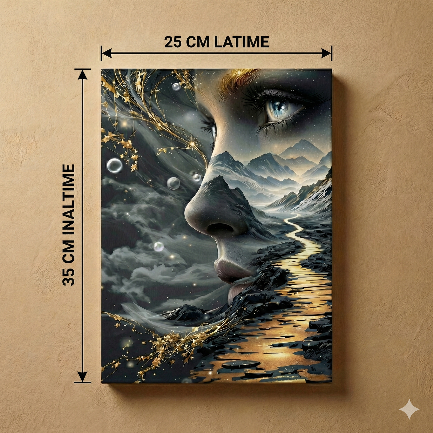 Tablou Canvas Portret Feminin Abstract, Peisaj Montan și Cale Aurie