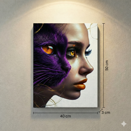 Tablou Canvas Modern - Dualitate Feminină și Felină, Mov Imperial