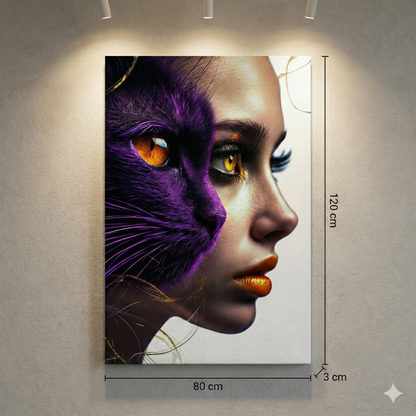 Tablou Canvas Modern - Dualitate Feminină și Felină, Mov Imperial