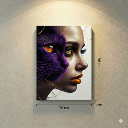 Tablou Canvas Modern - Dualitate Feminină și Felină, Mov Imperial