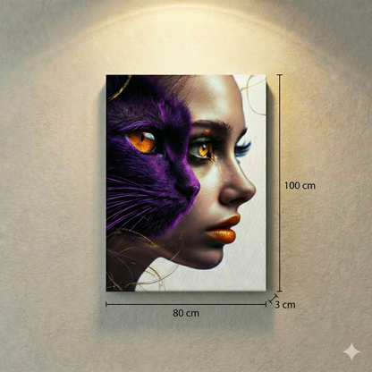 Tablou Canvas Modern - Dualitate Feminină și Felină, Mov Imperial