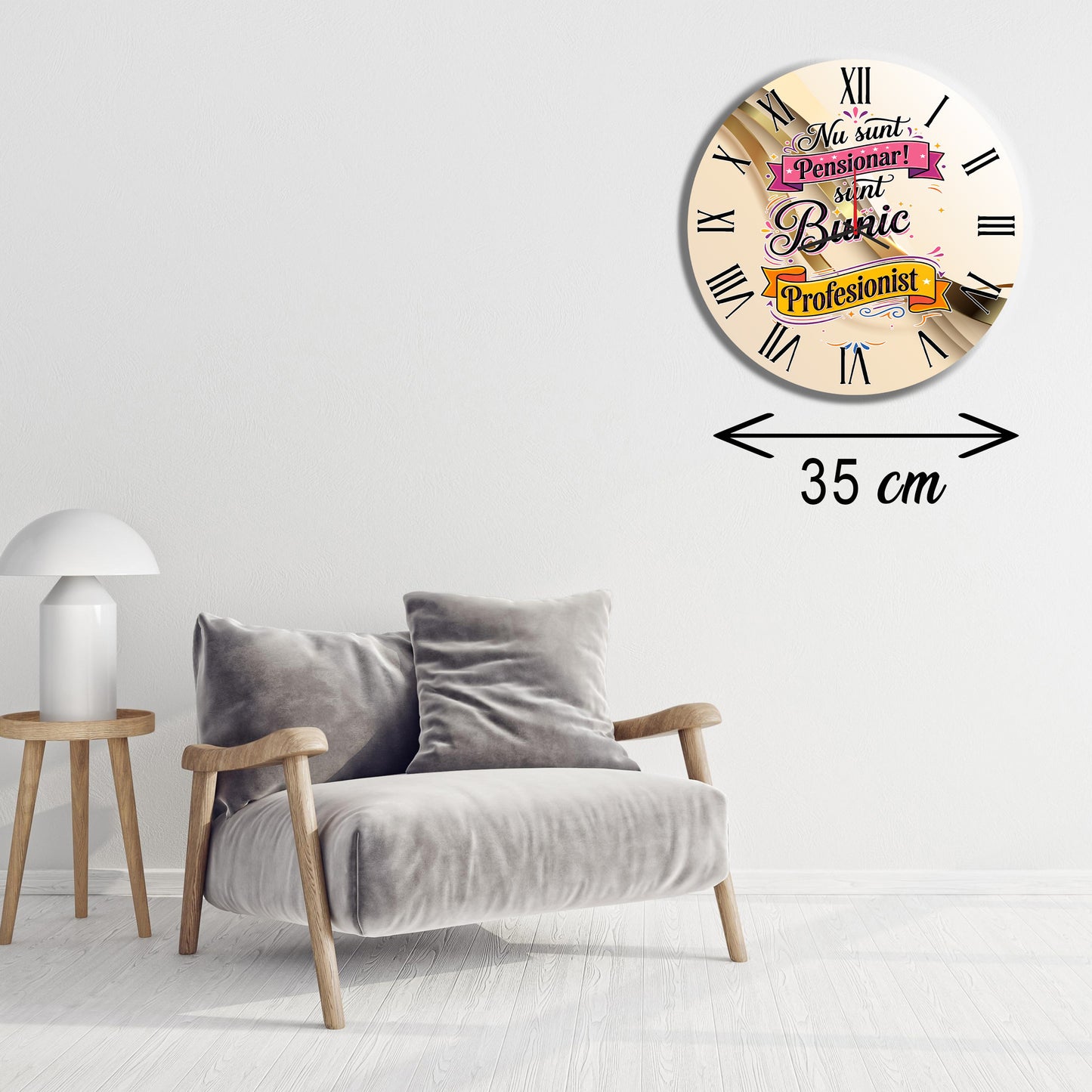 Ceas de perete decorativ „Nu sunt Pensionar, sunt Bunic Profesionist”, MDF premium, diametru 35 cm, mecanism silențios