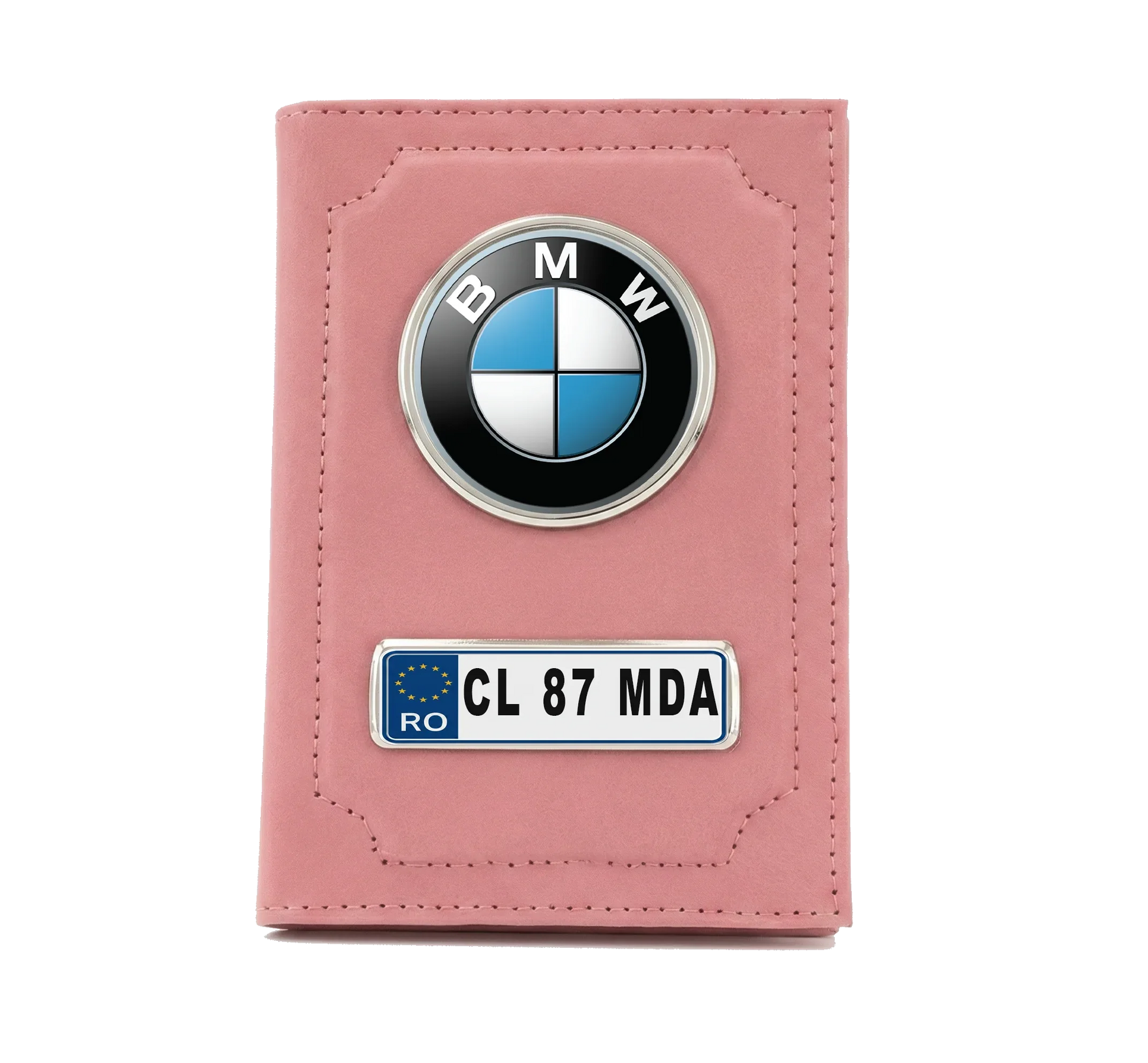 Portofel Acte Auto Personalizat BMW, Roz – Organizator Documente cu Număr de Înmatriculare și Logo Metalic - Tete Print