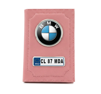 Portofel Acte Auto Personalizat BMW, Roz – Organizator Documente cu Număr de Înmatriculare și Logo Metalic - Tete Print