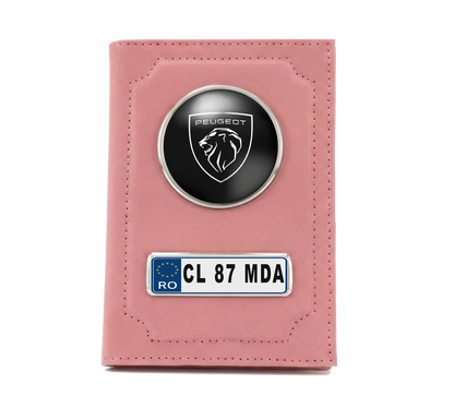 Portofel Acte Auto Personalizat Peugeot, Roz, cu Număr de Înmatriculare - Tete Print