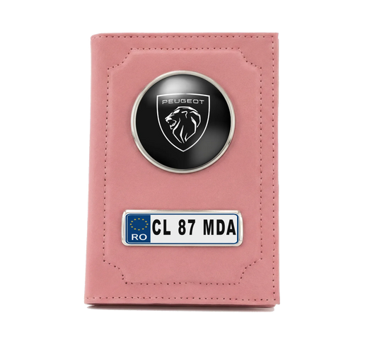 Portofel Acte Auto Personalizat Peugeot, Roz, cu Număr de Înmatriculare - Tete Print
