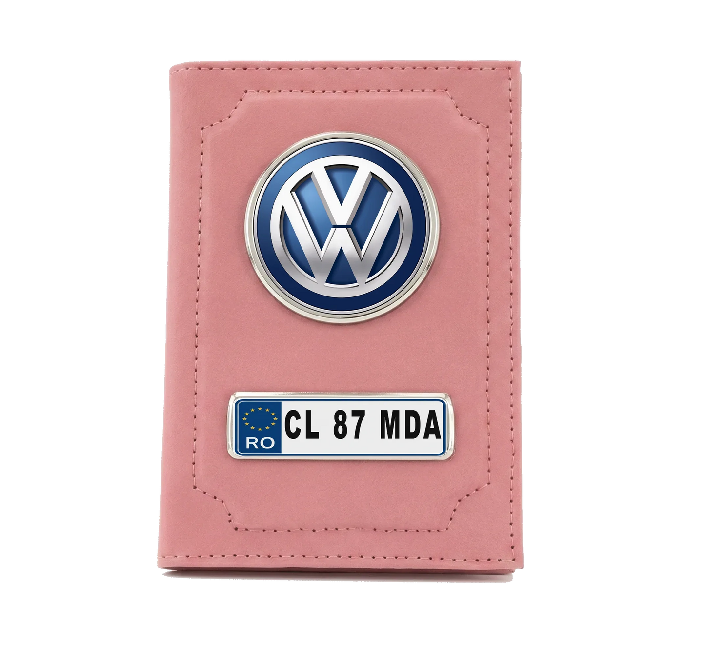 Portofel Documente Auto Personalizat Volkswagen – Roz , Emblemă 3D și Număr de Înmatriculare - Tete Print