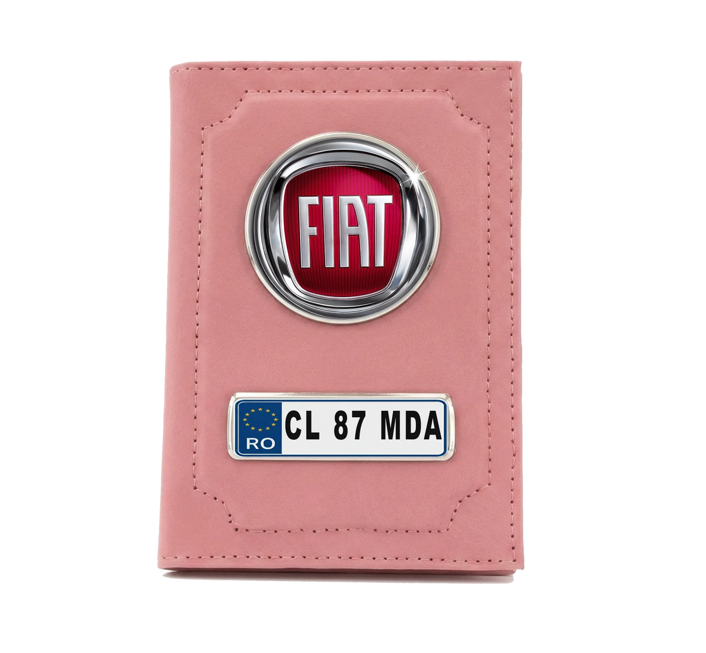 Portofel Documente Auto Personalizat, Roz, Emblemă Fiat și Număr de Înmatriculare - Tete Print