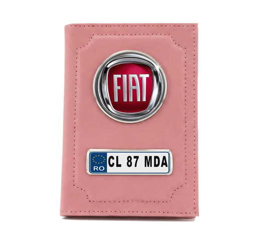Portofel Documente Auto Personalizat, Roz, Emblemă Fiat și Număr de Înmatriculare - Tete Print