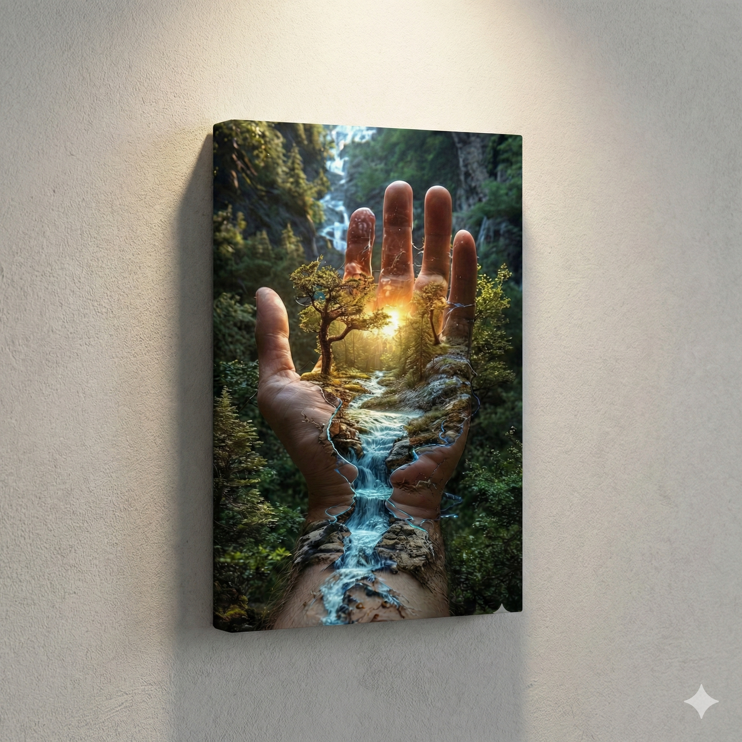 Tablou Canvas Suprarealist "Mâna Naturii" – Peisaj Magic cu Pădure și Cascadă în Palmă