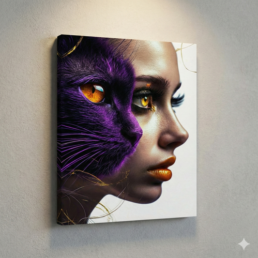 Tablou Canvas Modern - Dualitate Feminină și Felină, Mov Imperial