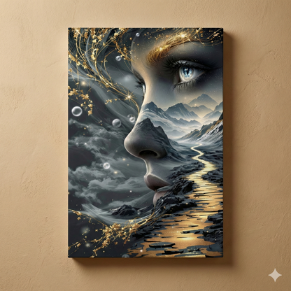 Tablou Canvas Portret Feminin Abstract, Peisaj Montan și Cale Aurie