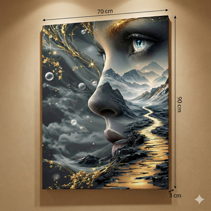 Tablou Canvas Portret Feminin Abstract, Peisaj Montan și Cale Aurie