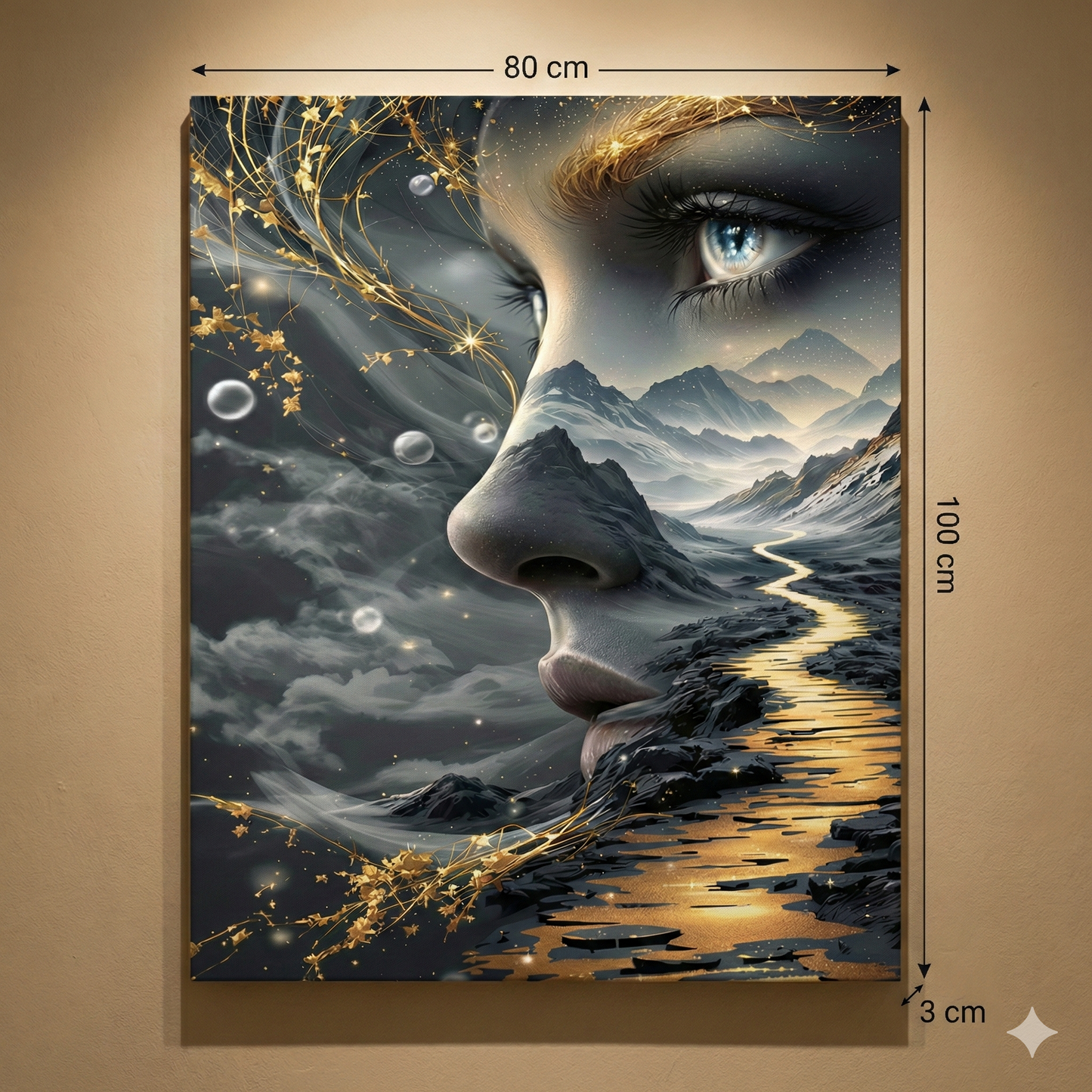 Tablou Canvas Portret Feminin Abstract, Peisaj Montan și Cale Aurie