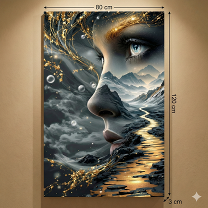 Tablou Canvas Portret Feminin Abstract, Peisaj Montan și Cale Aurie