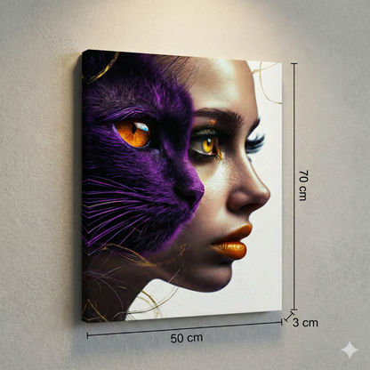 Tablou Canvas Modern - Dualitate Feminină și Felină, Mov Imperial