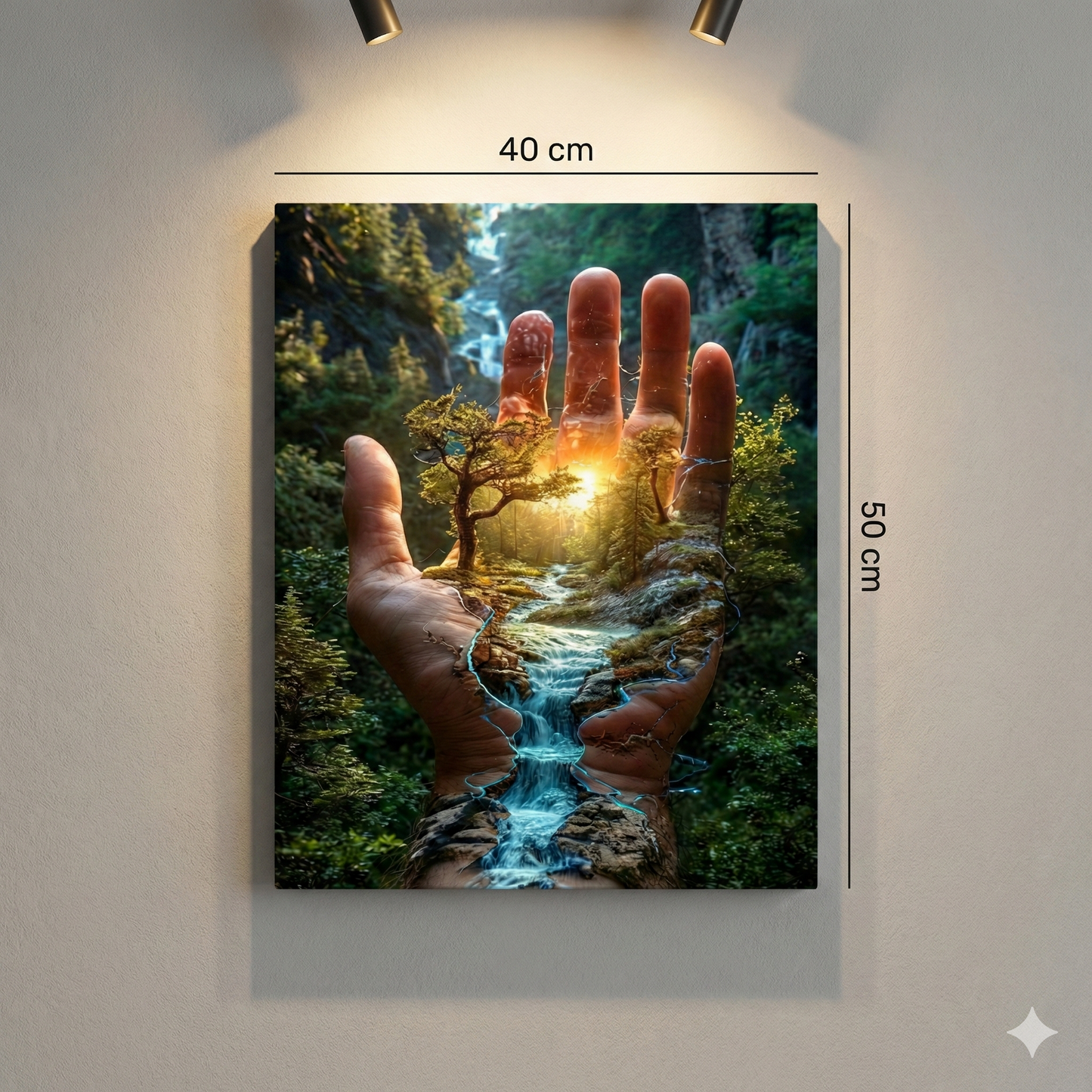 Tablou Canvas Suprarealist "Mâna Naturii" – Peisaj Magic cu Pădure și Cascadă în Palmă