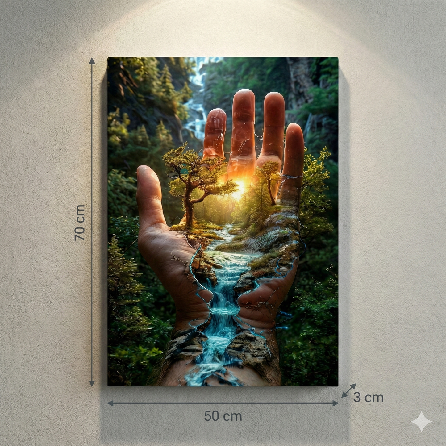 Tablou Canvas Suprarealist "Mâna Naturii" – Peisaj Magic cu Pădure și Cascadă în Palmă