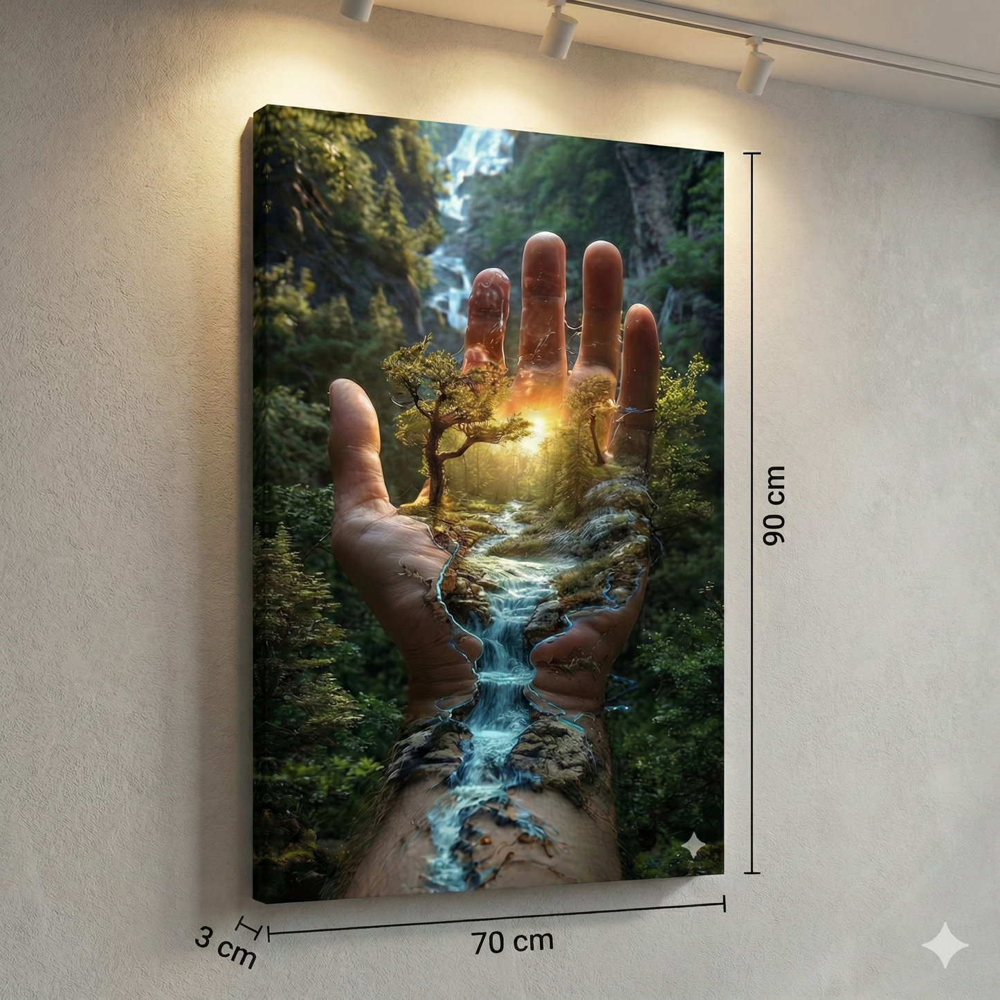 Tablou Canvas Suprarealist "Mâna Naturii" – Peisaj Magic cu Pădure și Cascadă în Palmă