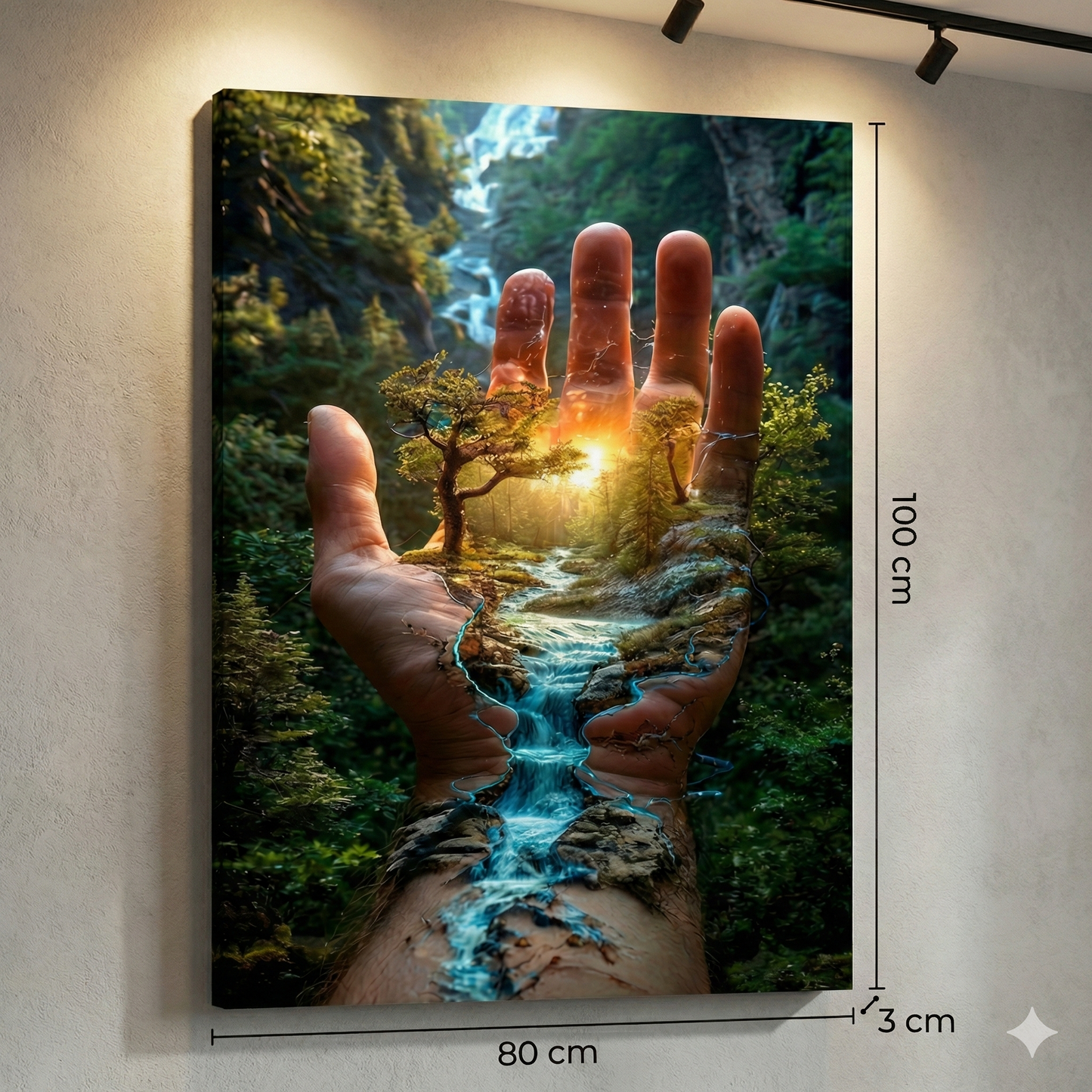 Tablou Canvas Suprarealist "Mâna Naturii" – Peisaj Magic cu Pădure și Cascadă în Palmă