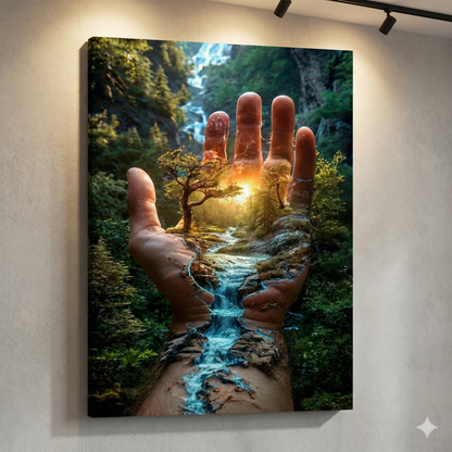 Tablou Canvas Suprarealist "Mâna Naturii" – Peisaj Magic cu Pădure și Cascadă în Palmă